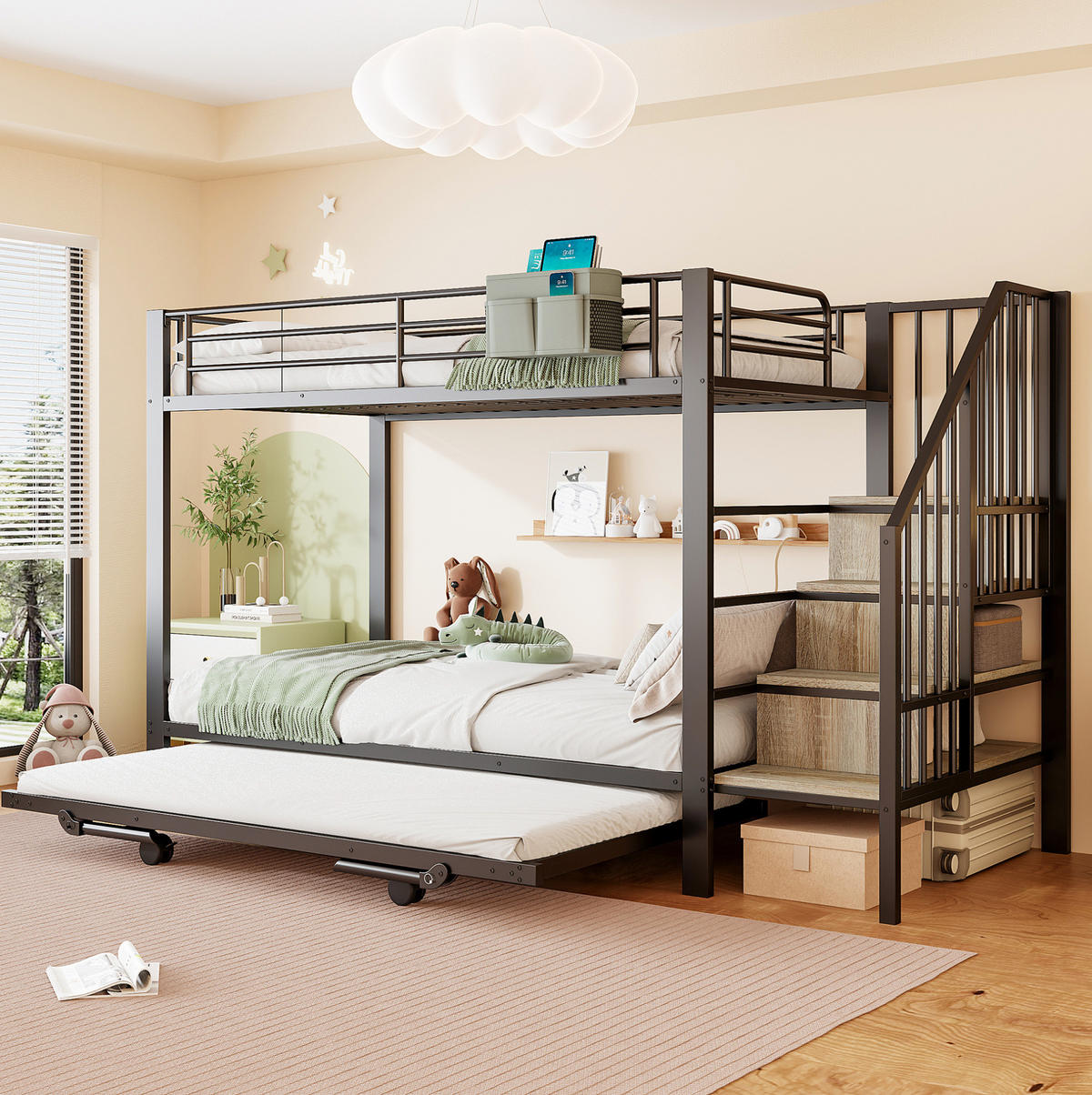 ETAGENBETT 90/200 cm mit Ausziehbett, Stauraumtreppe und Stofftasche, Metall, Schwarz - Schwarz, Metall (90/200cm) - Redom