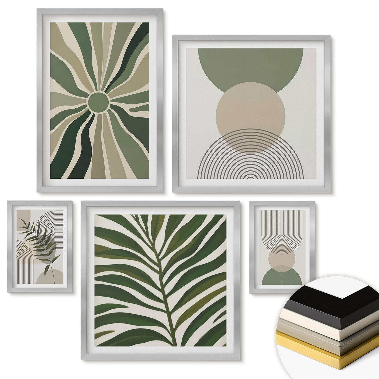 WANDBILDER 5er Set - 50x50 cm & 20x30 cm & 40x60 cm Silberner Rahmen - Abstrakte Blätter im Boho-Stil - Silberfarben, Kunststoff (40/60cm) - ArtPrintCave