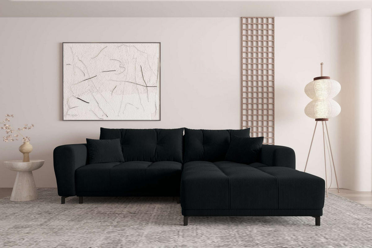 ECKSOFA Massimo Cordstoff Schwarz inkl. Schlaffunktion Rechts - Schwarz, Textil/Metall (246/177cm) - 99rooms