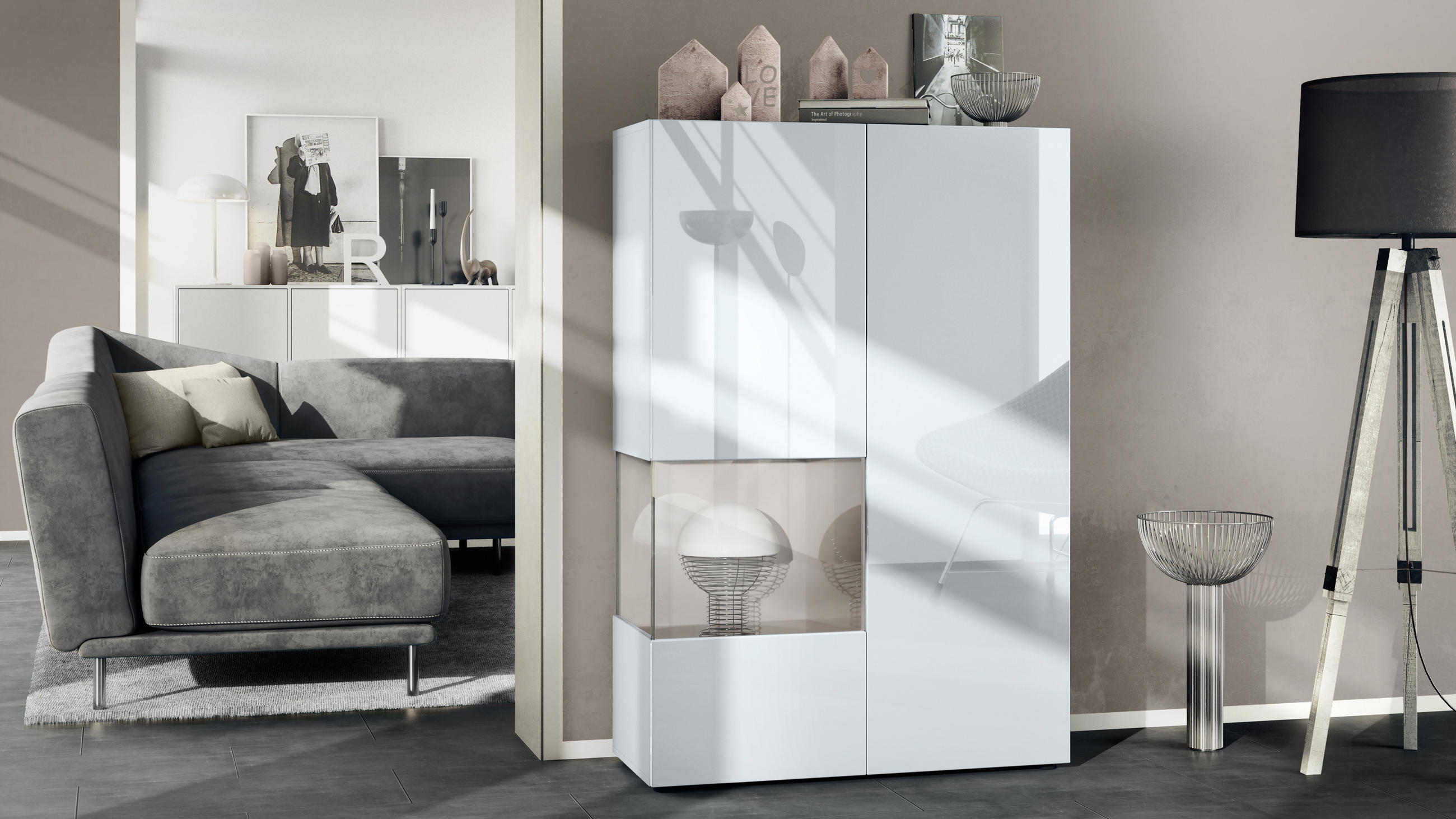 VITRINE Morena Einsatz in Sandgrau Hochglanz - Sandfarben, Holzwerkstoff (91.5/136.5/37cm) - Vladon