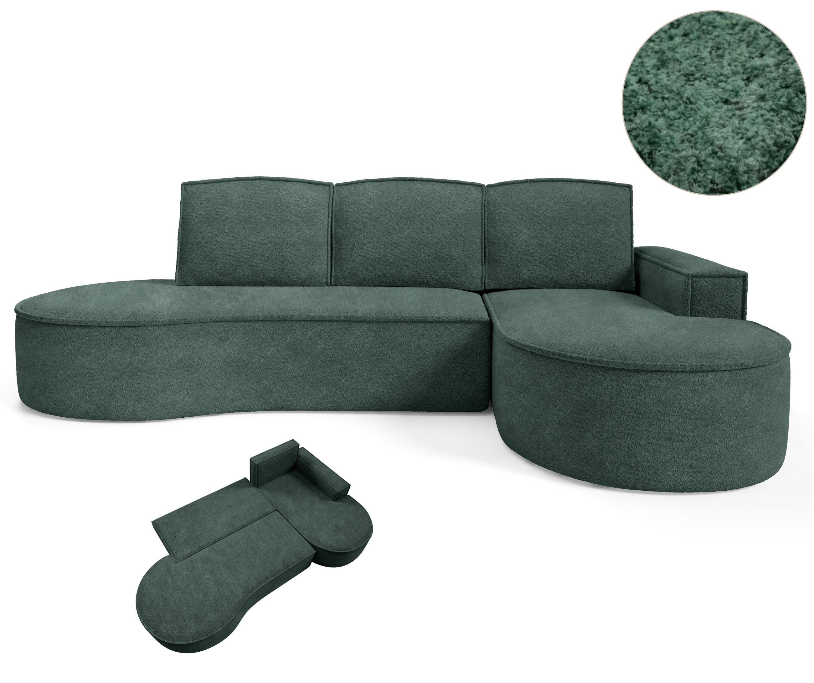 ECKSOFA MOLLY mit Schlaffunktion – Halbrund, freistehend, Liegefläche 140x207 cm, 3 Kissen, Curio-Stoff, 277x157x88 cm, Rechts, Grün - Grün, Holz/Textil (277/157cm) - DomoHome