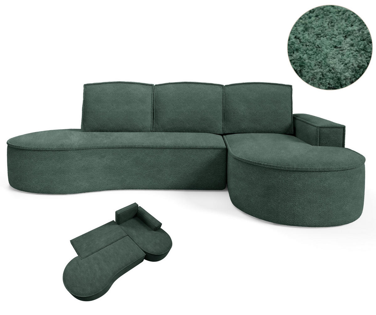 ECKSOFA MOLLY mit Schlaffunktion – Halbrund, freistehend, Liegefläche 140x207 cm, 3 Kissen, Curio-Stoff, 277x157x88 cm, Rechts, Grün - Grün, Holz/Textil (277/157cm) - DomoHome