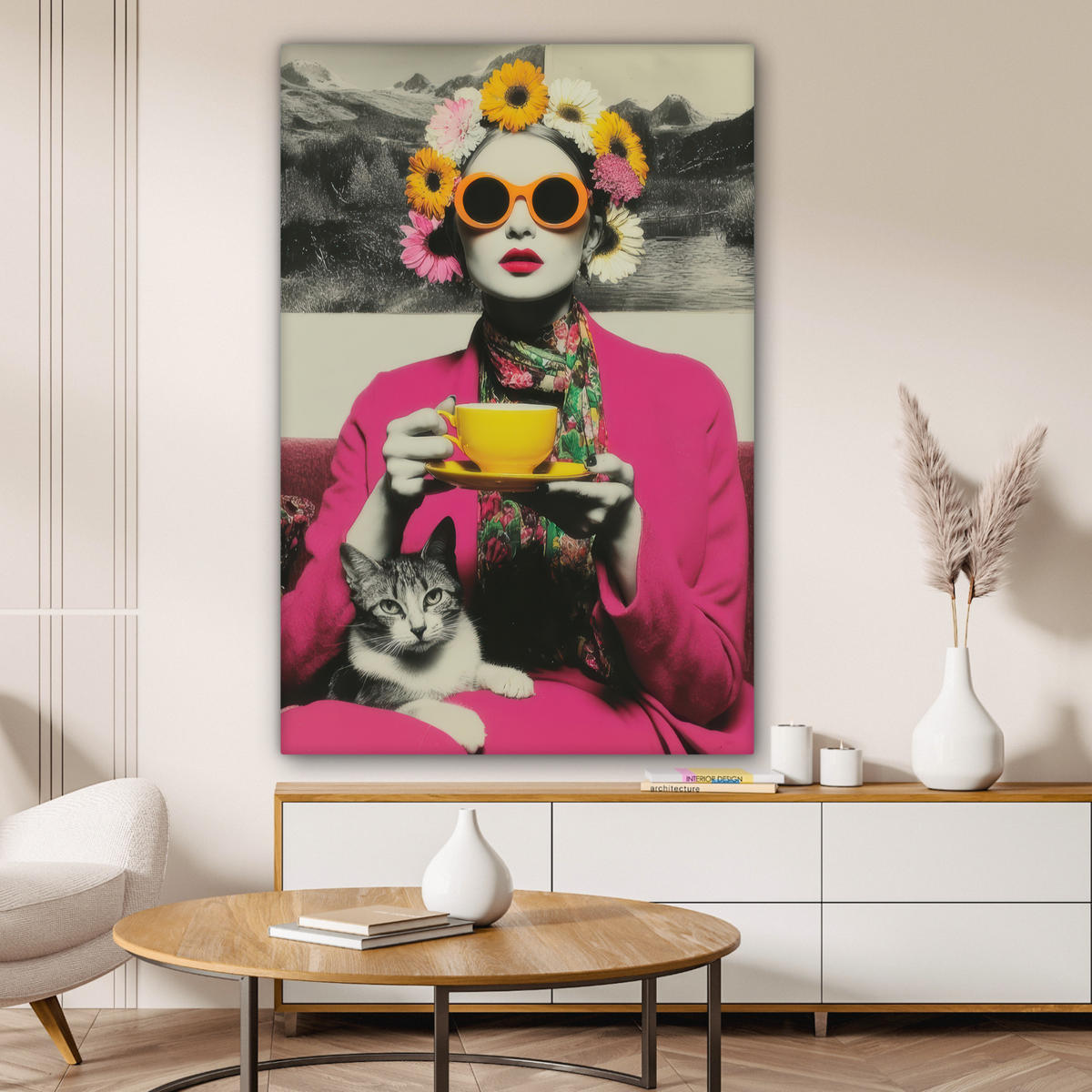 LEINWANDBILD Frau - Katze - Blumen - Tasse - Retro Deko Groß 90x140 cm - Magenta, Textil (90/140cm) - MuchoWow