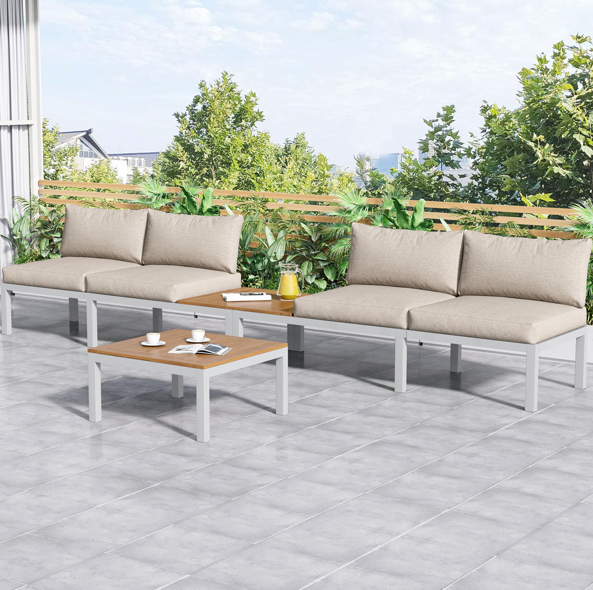 GARTENLOUNGE-SET mit Stahlgestell & Akazien-Optik, 2/ Sofa 120/60/66 cm, Beige - Beige, Metall - Redom