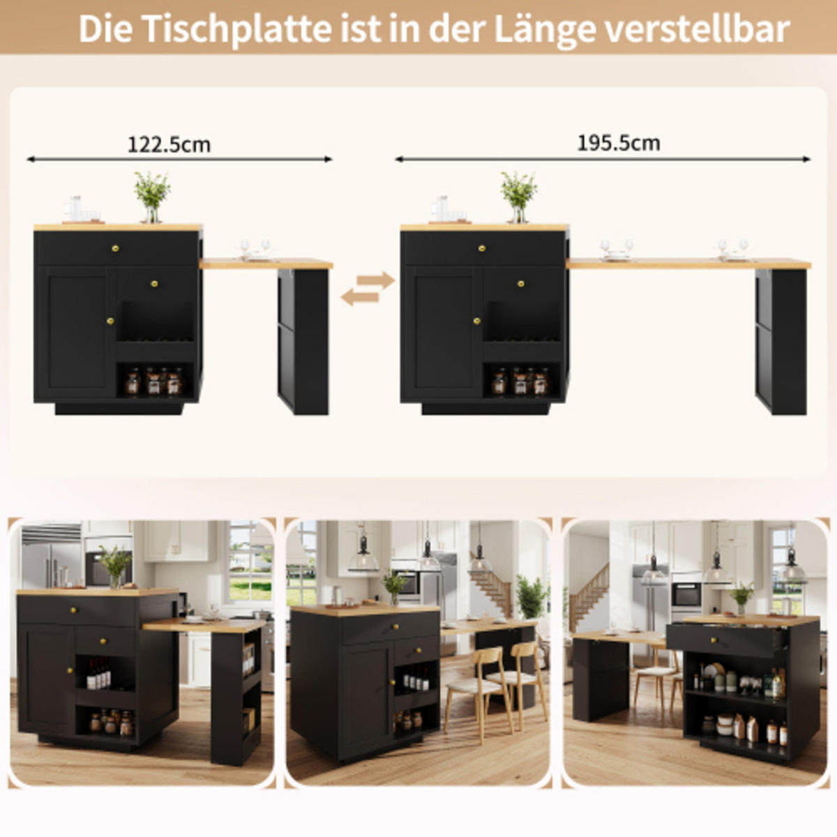 KÜCHENINSEL 122,5-195,5×70×93,8 cm aus MDF und Metall mit ausziehbarer Tischplatte und vielfältigem Stauraum, schwarz - Schwarz, Holzwerkstoff (195.5/93.8/70cm) - Luhomfu