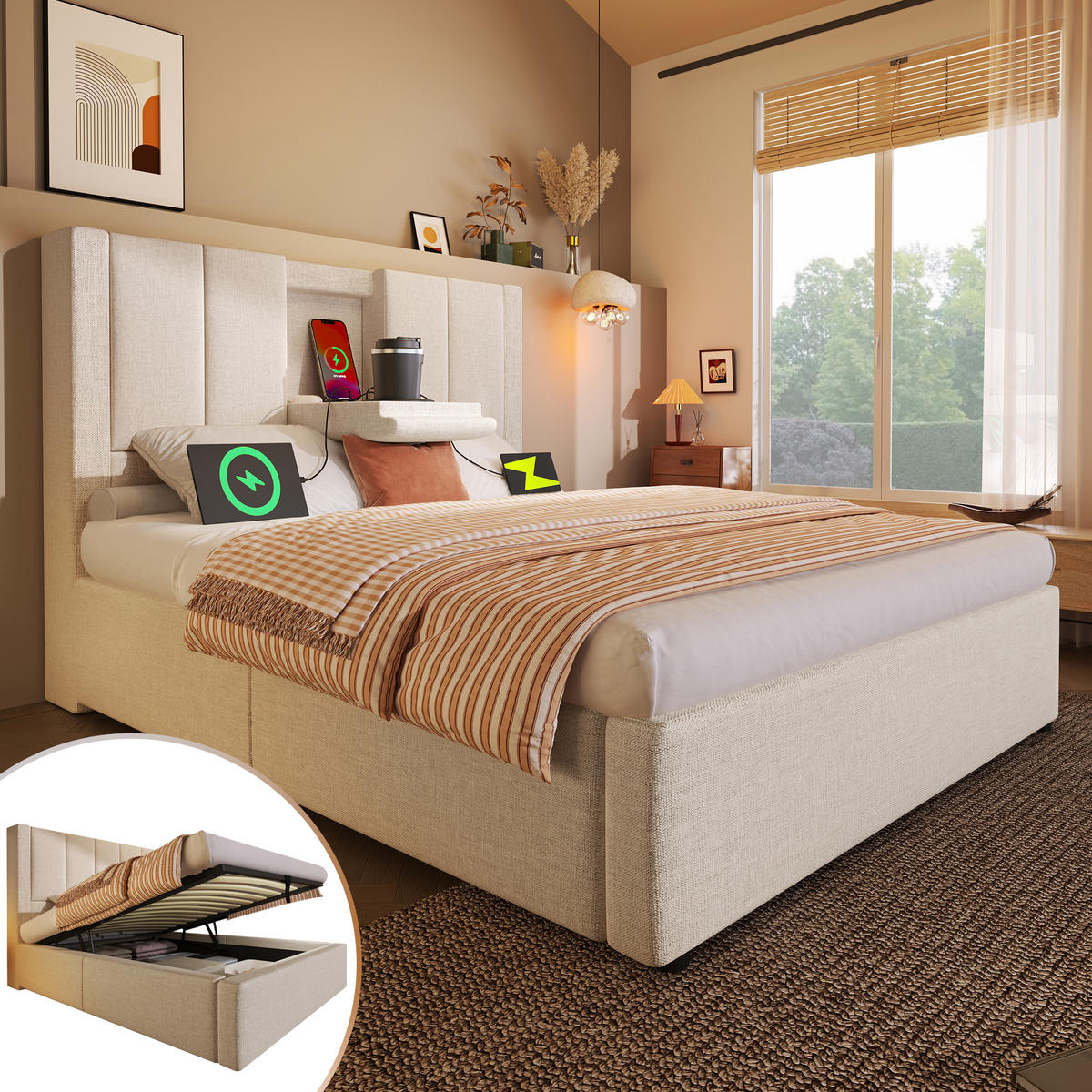 POLSTERBETT aus Leinen 90x200 cm in Beige mit Ladestation & Becherhalter - Beige, Textil (90/200cm) - Modfu