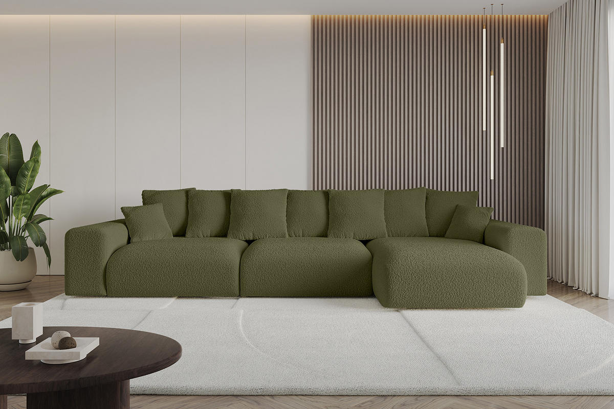 ECKSOFA Ottomane rechts ESKAR-L 364x176x84 Olivgrün Bouclé - Schwarz/Olivgrün, Holzwerkstoff/Kunststoff (176/364cm) - ALTDECOR