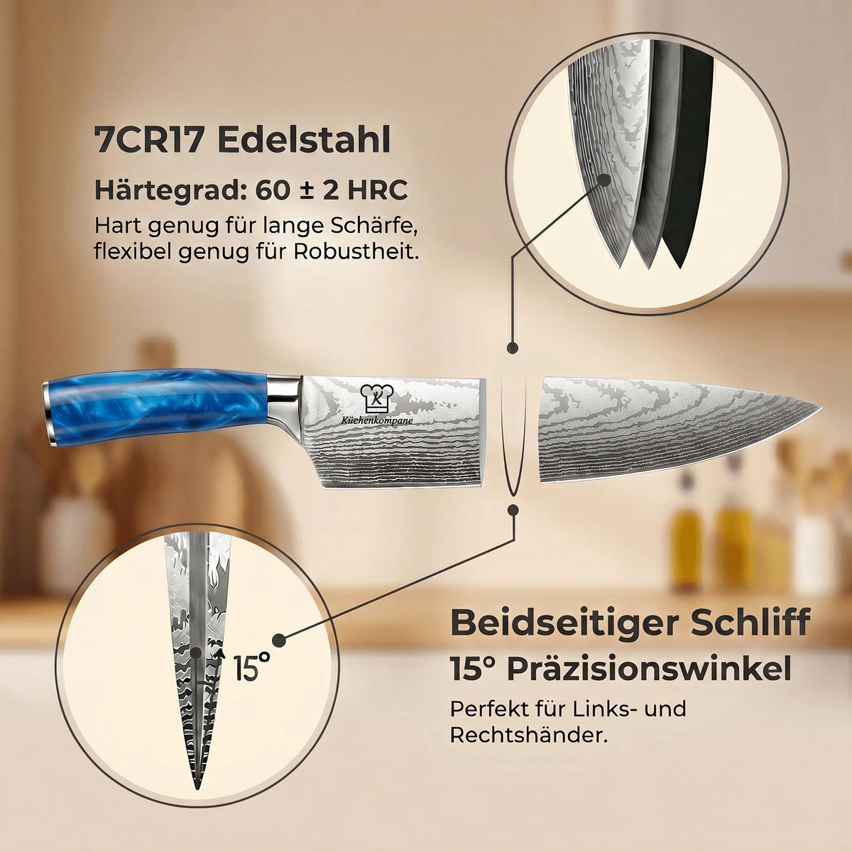 MESSER-SET 8-tlg. mit Edelstahlklingen und ergonomischen Epoxidharz-Griffen - Blau, Holz/Metall - Küchenkompane