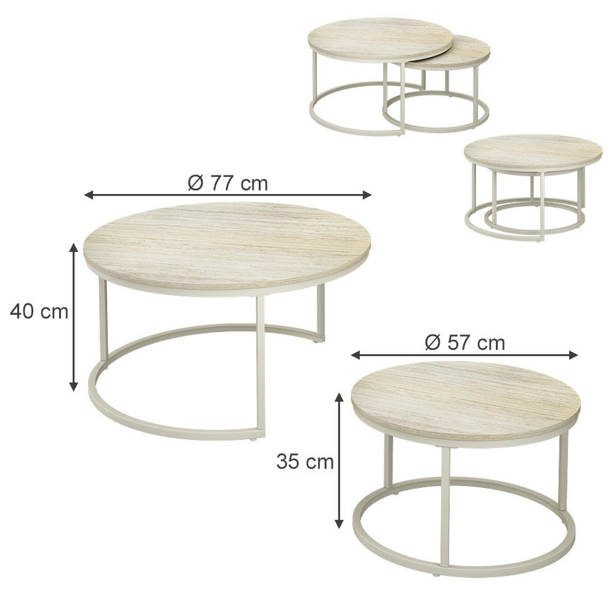 COUCHTISCH-SET Montreal, Travertin/Cashmere, 77 x 77 cm - Kaschmir/Braun, Holzwerkstoff (77/77/40cm) - Vicco