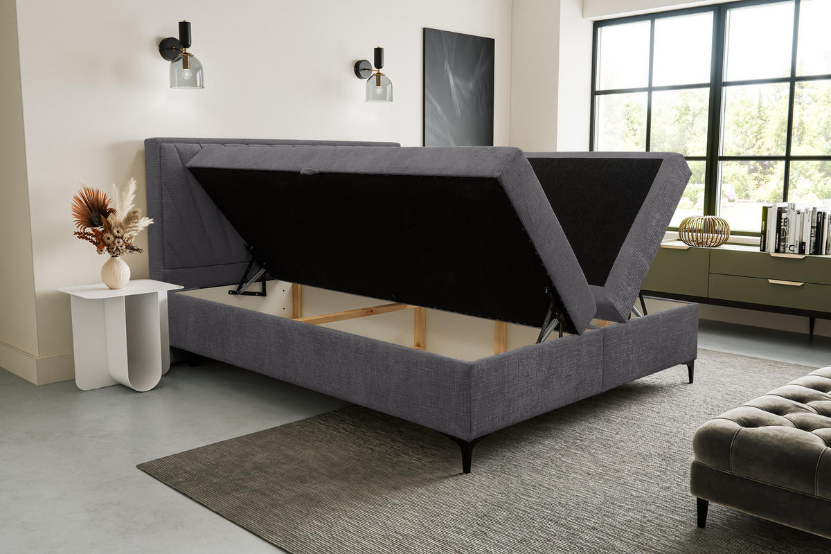 BOXBETT Cimone mit 2 Bettkästen, Maße: 160x200 cm, Farbe: Dunkelgrau , Velourstoff, mit Bonell-Matratze inkl. Topper - Dunkelgrau, Holz/Kunststoff (160/200cm) - VENASI MÖBEL
