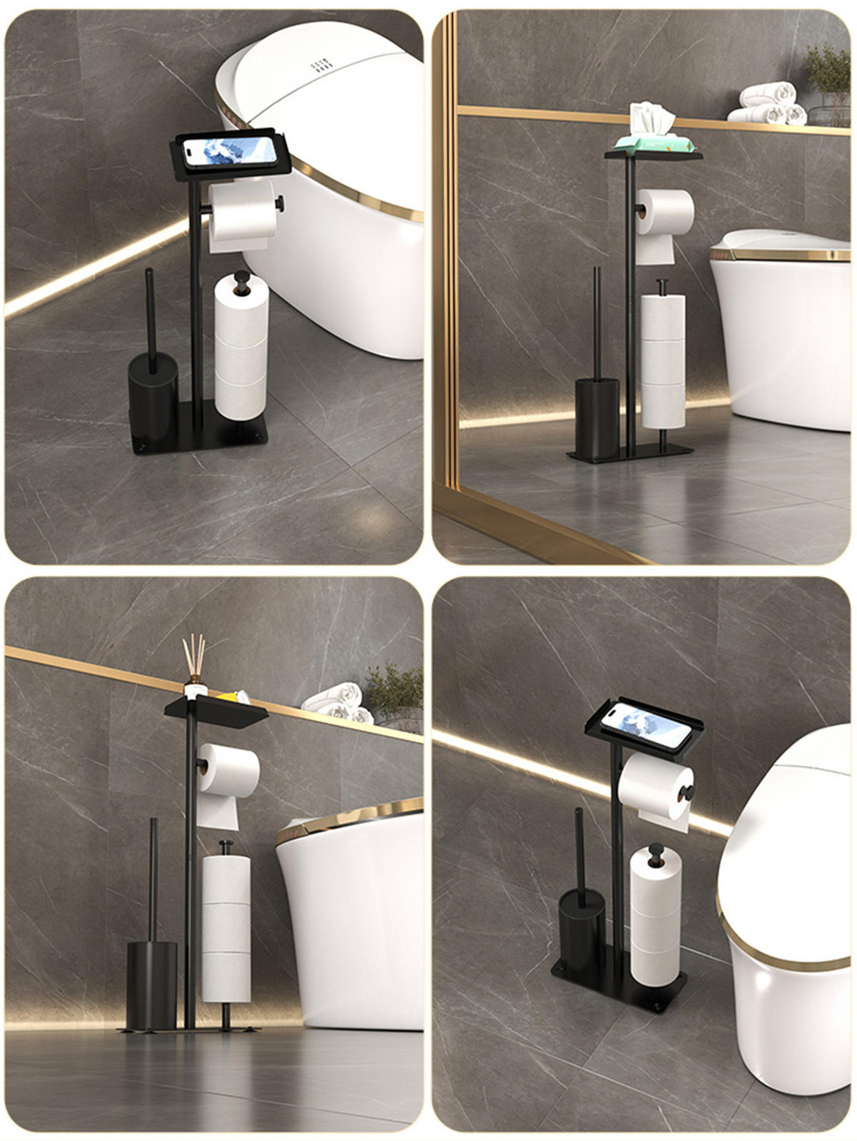 TOILETTENBÜRSTENHALTER – 2-in-1 (Schwarz) 24 x 12 x 60 cm - Weiß, Metall (12/60/24cm)