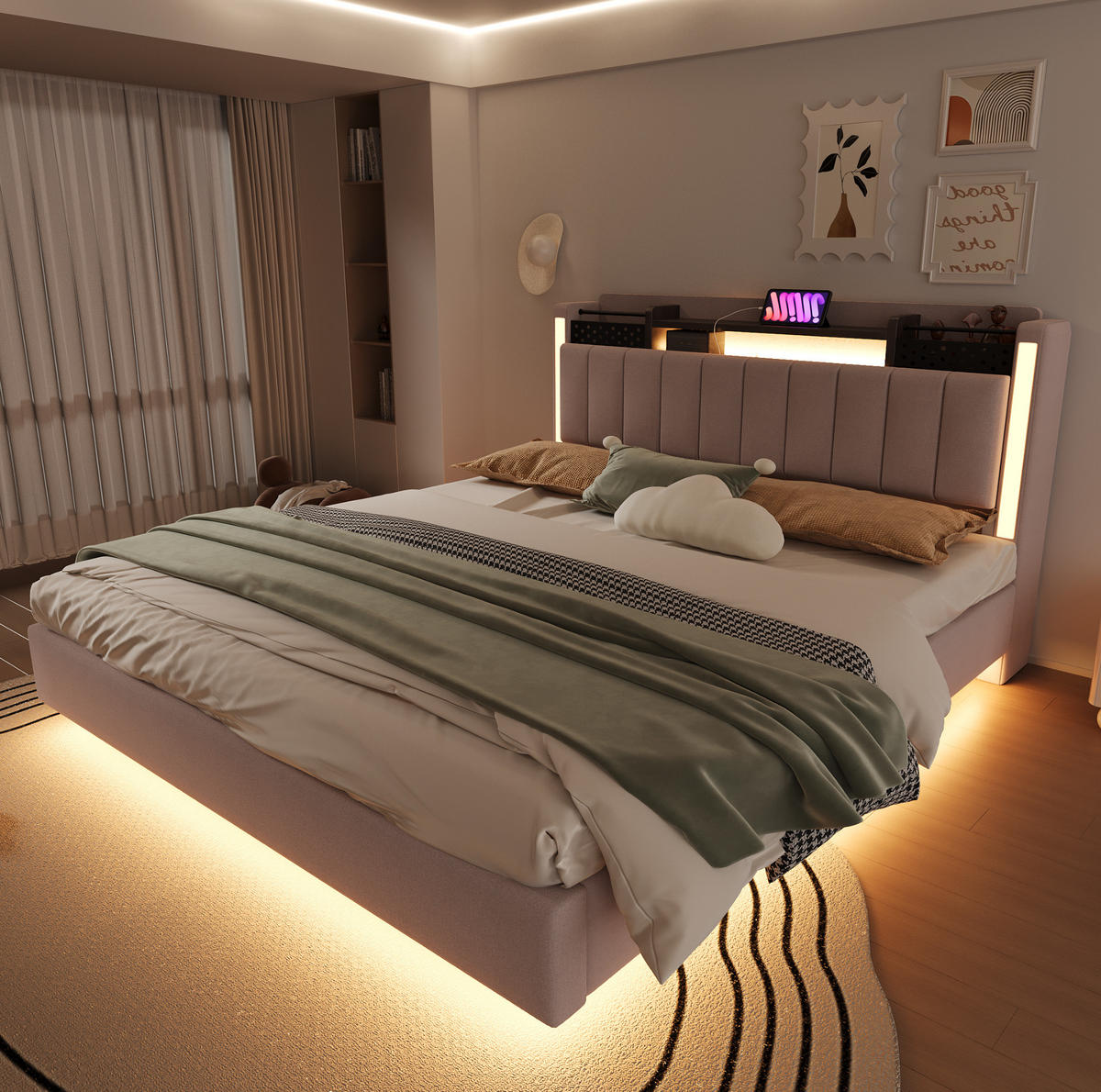 ČALÚNENÁ posteľ z leinenstoffu 160x200 cm béžová s LED osvetlením, USB portom a úložným čelom - béžová, textil (160/200cm) - Modfu