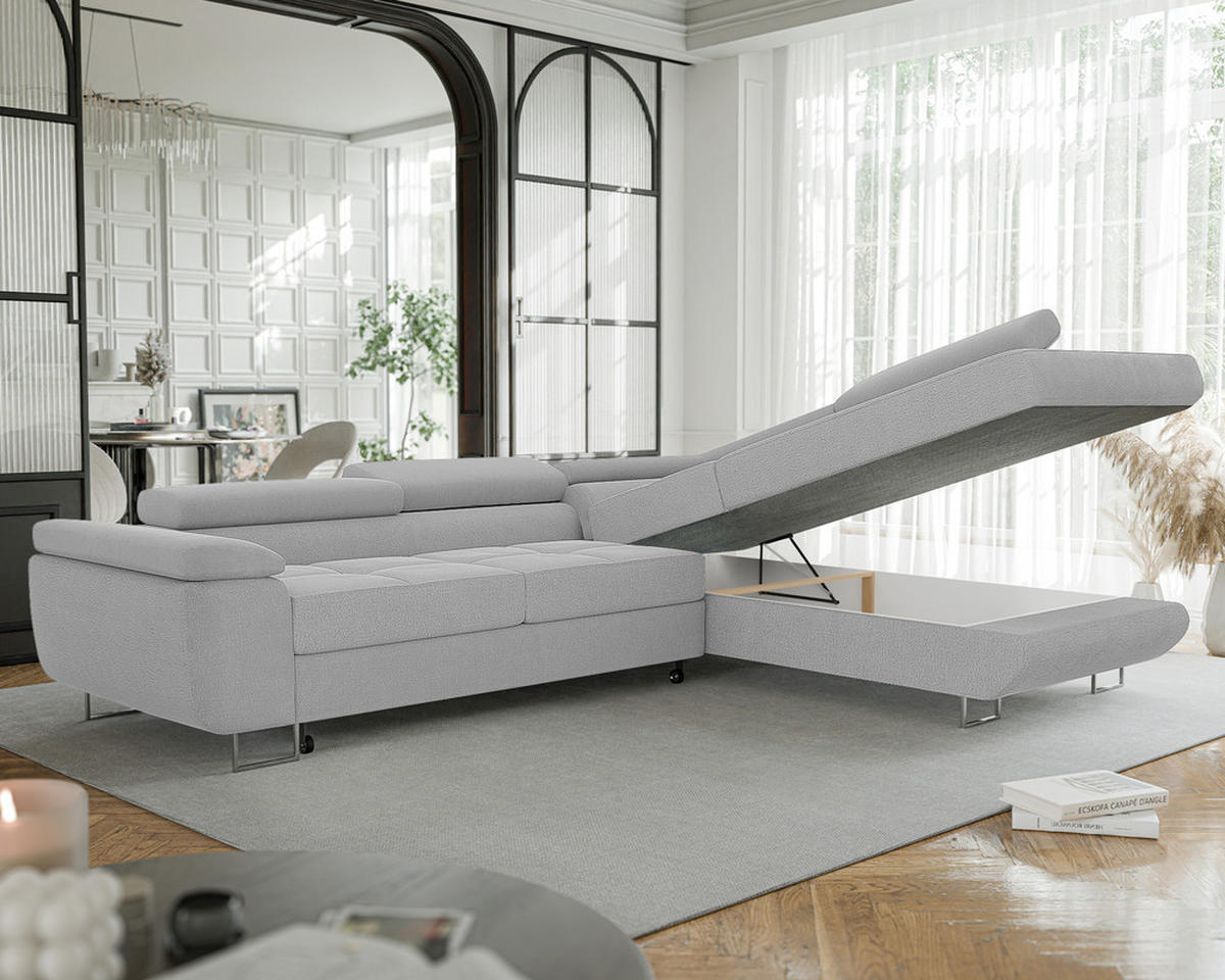 ECKSOFA ANTON mit Schlaffunktion und Bettkasten Hellgrau - Hellgrau, Holzwerkstoff/Kunststoff (274/203cm) - Idohome
