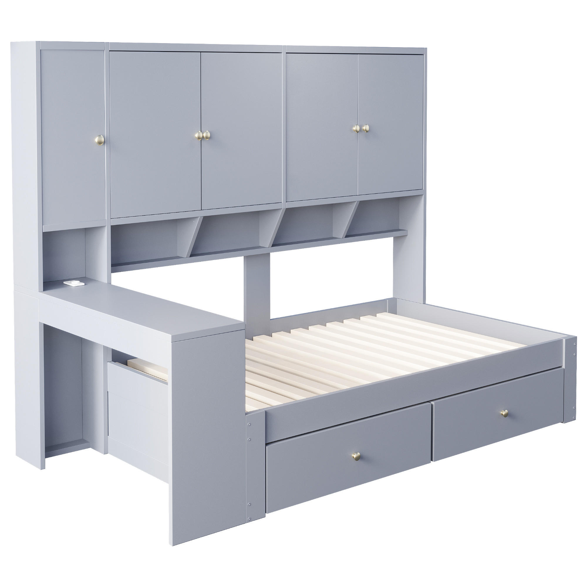STAURAUMBETT 90/200 cm mit Schreibtisch, LED und Schubladen, DE-41644, in Grau - Grau, Holzwerkstoff (90/200cm) - ComfortXL