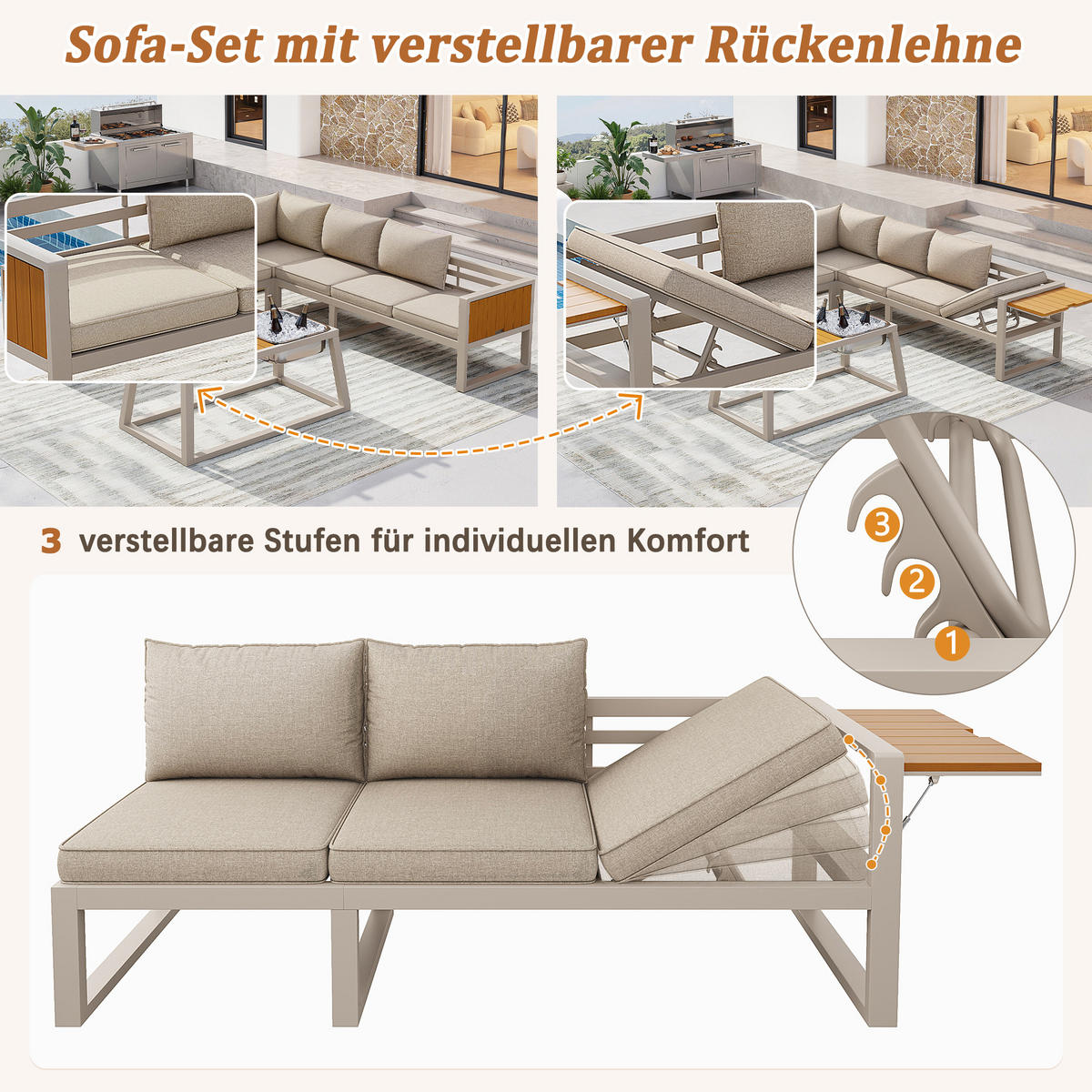 MODULARES OUTDOOR-SOFA-SET Grau/Beige - Beige, Metall - ComfortXL