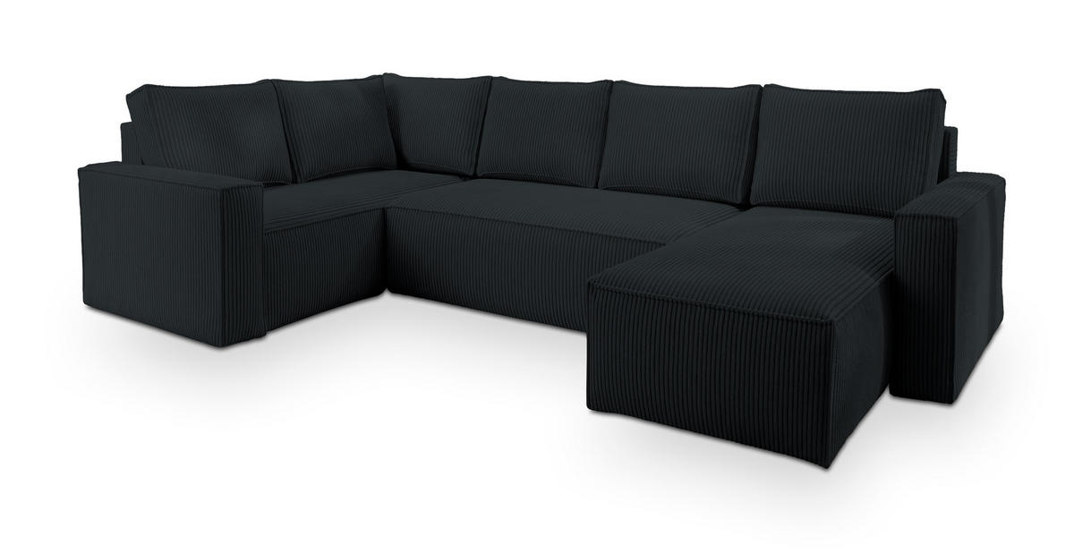 WOHNLANDSCHAFT NORENA L-S Schwarz Kordstoff mit Schlaffunktion - Schwarz, Holz (295/85/157.5cm) - MASSENO