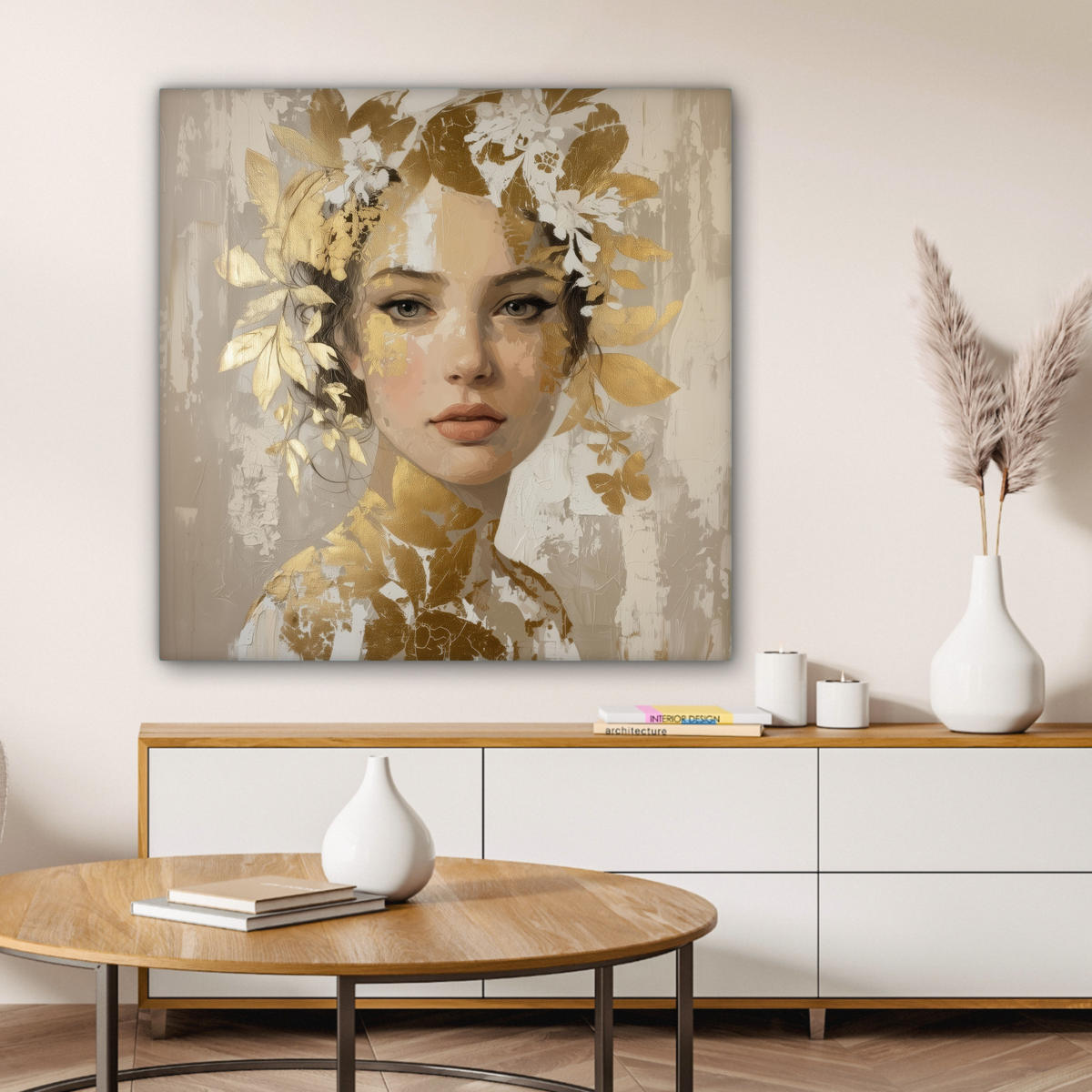 LEINWANDBILD Gesicht - Frau - Blätter - Gold Deko Groß 90x90 cm - Beige, Textil (90/90cm) - MuchoWow