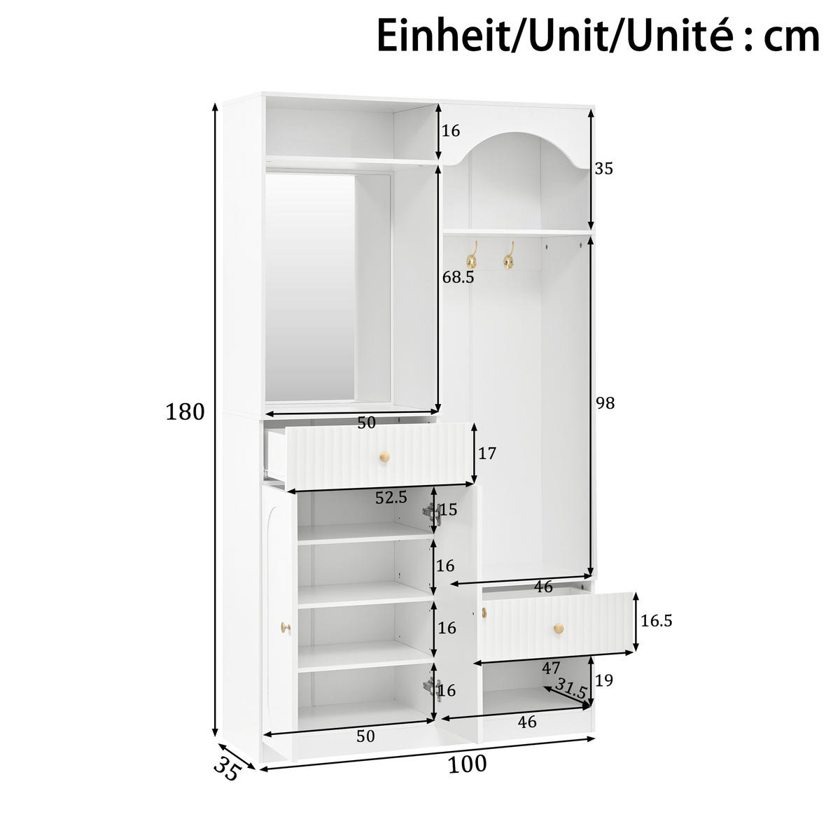 GARDEROBE-SET in Weiß Flurmöbel Set mit Spiegel und Sitzbank für Flur, B100/T35/H180cm - Weiß, Holzwerkstoff (100/180/35cm) - STILVORA