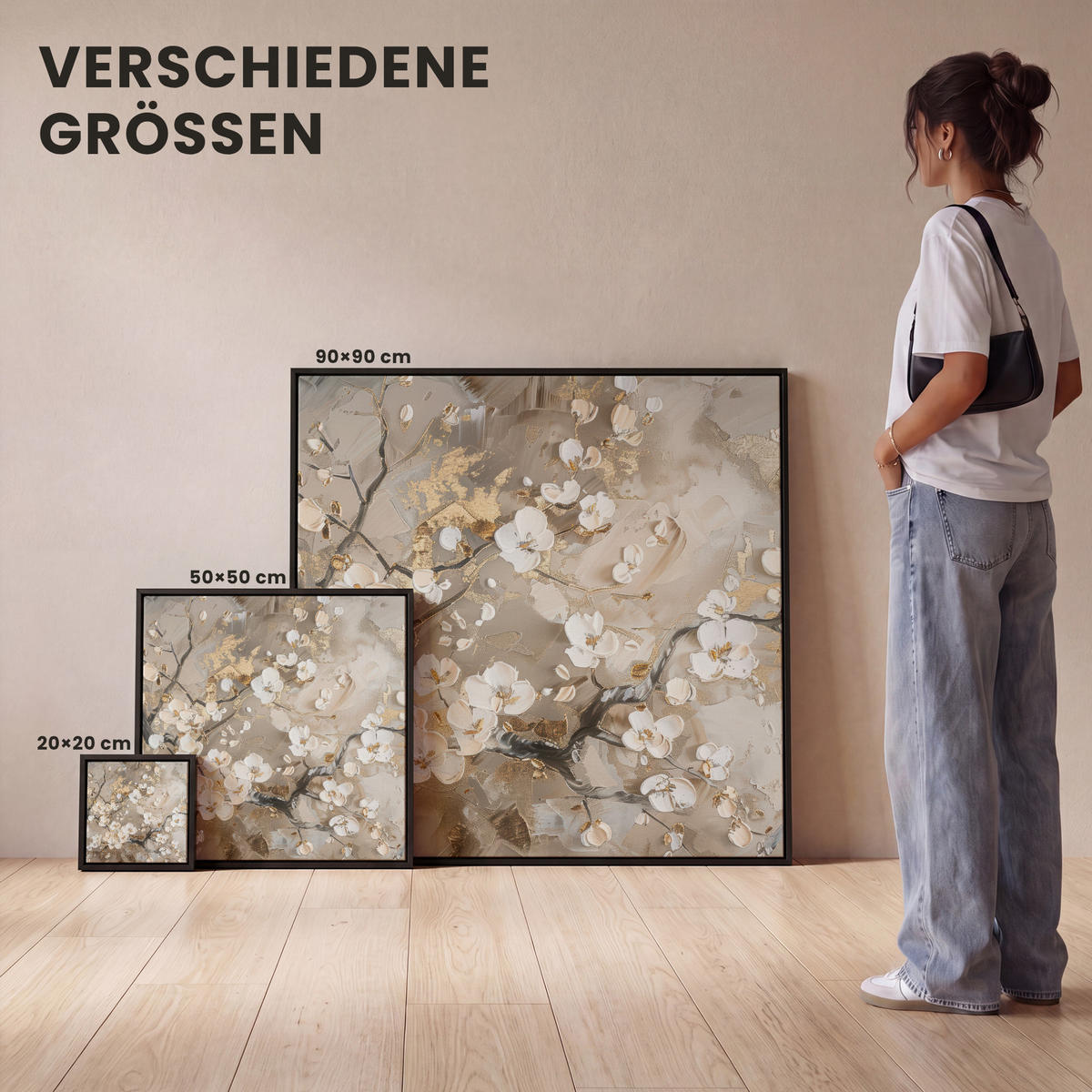 LEINWAND Bilder mit Rahmen - Blumen - Weiß - Gold - Beige - Luxus - 50x50 - Greige, Textil (50/50cm) - MuchoWow