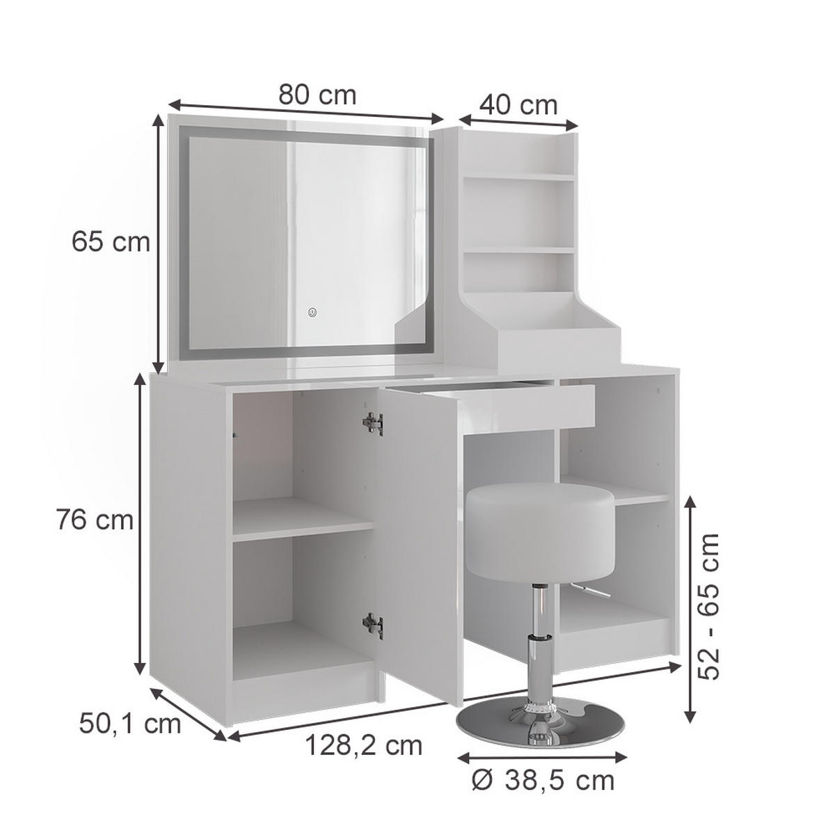 SCHMINKTISCH Sherry Weiß/Weiß Hochglanz 128.2 cm mit LED-Spiegel und Hocker - Weiß Hochglanz, Holzwerkstoff (128.2/76/50.1cm) - Vicco