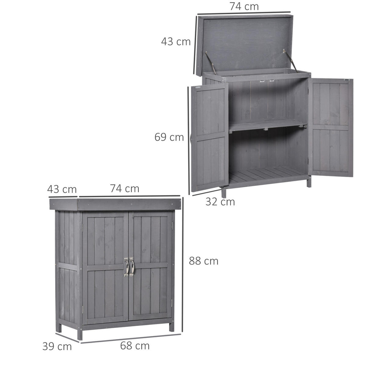 VRTNA omara 74/43/88 cm z dvojnimi vrati, 2 policama in vremensko odporno leseno zasnovo, Siva - siva, les (43/88/74cm) - Redom