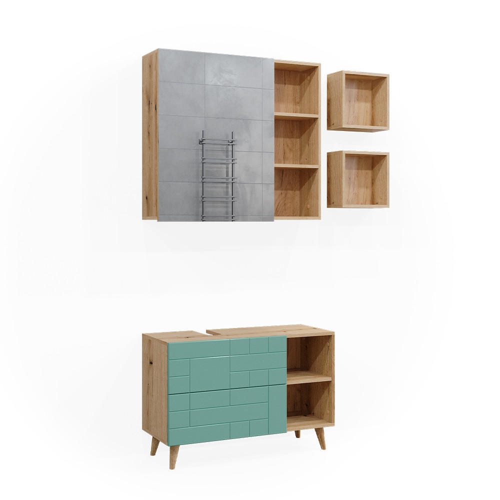 BADMÖBEL-SET Rudi Mintgrün 4 Teile - Eichefarben/Mintgrün, Holzwerkstoff (90/59/32cm) - Vicco