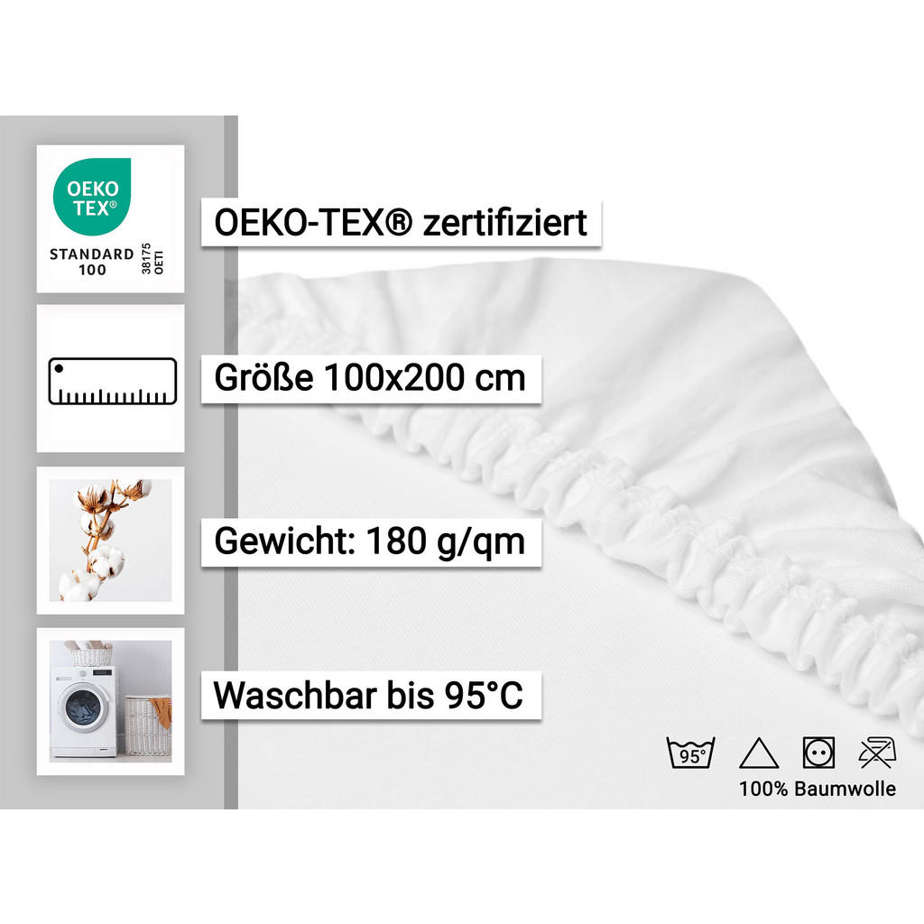 Thumbnail - Zollner Spannbettlaken,, Weiß, Textil, 100x200 cm, Oeko-Tex® Standard 100, Schlaftextilien, Bettwäsche, Bettlaken