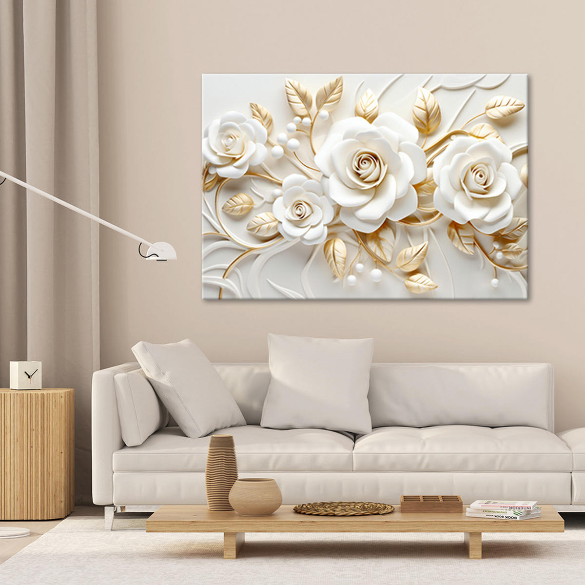 WANDBILD weißgoldene rosenblüte 3d - Weiß, Textil (60/40cm) - Feeby