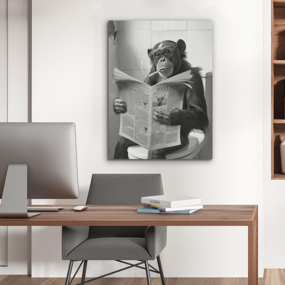 AKUSTIKPANEEL Affe - WC - Zeitung - Schwarz-Weiß - Humor 60x80 cm - Hellgrau, Textil (60/0.9/80cm) - MuchoWow