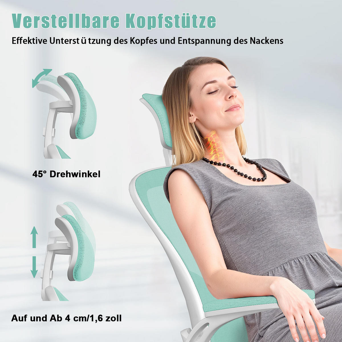 BÜROSTUHL ergonomisch, höhenverstellbar, klappbare Armlehnen, Kopfstütze – Grün - Grün, Metall (50.5/134/52cm) - Rattantree