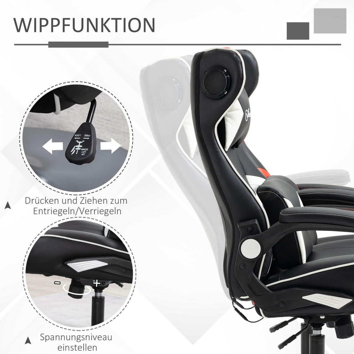 GAMING Stuhl mit runder Bodenplatte, drehbar & neigbar, ergonomischer Sessel, Schwarz-Weiß - Weiß, Leder (69/112/73cm) - BRILVERDE