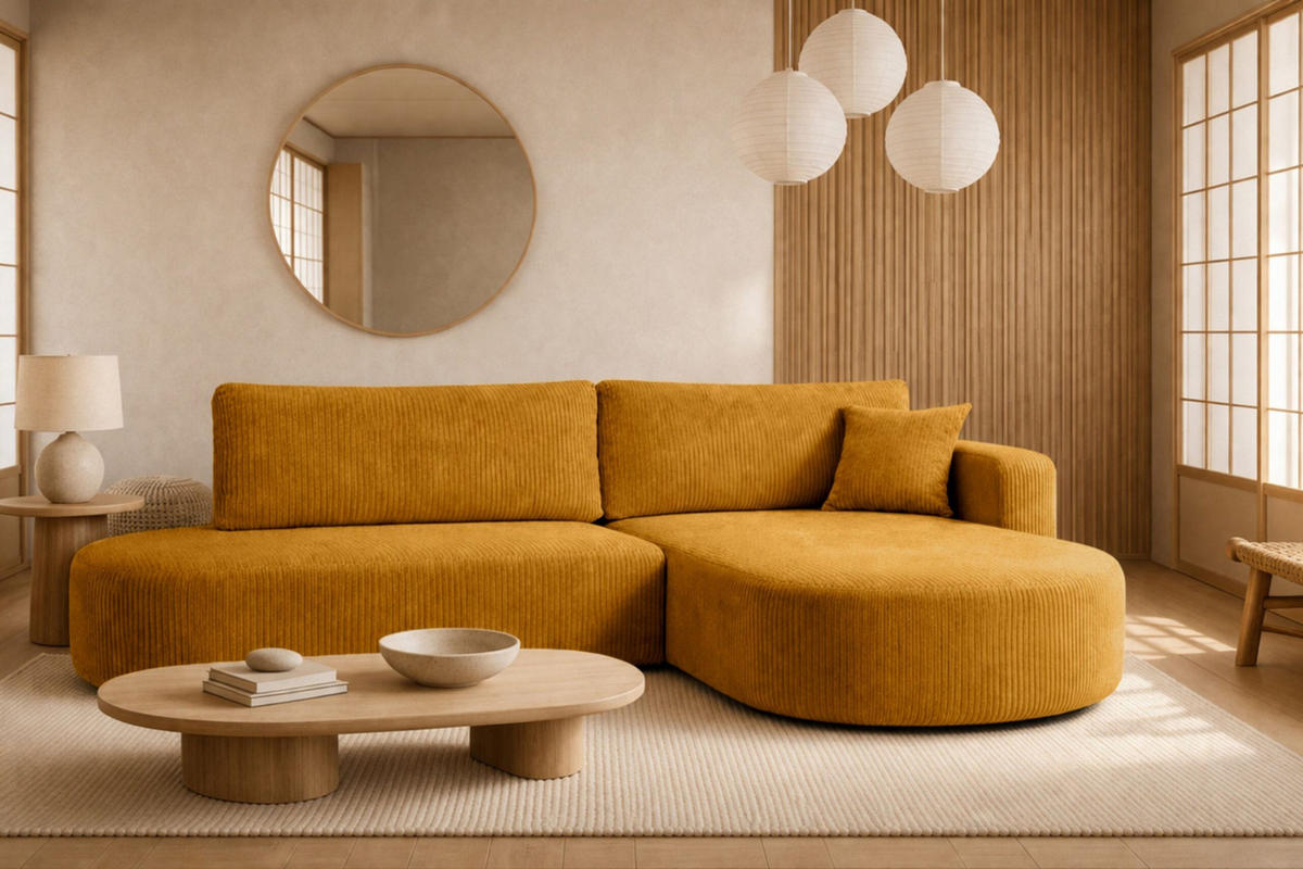 ECKSOFA Mit Schlaffunktion Und Bettkasten, Cordstoff Poso, Senffarbe, Rechts, ROUND ONE OPEN XL - Gelb, Holz (262/175cm) - Kaiser Möbel