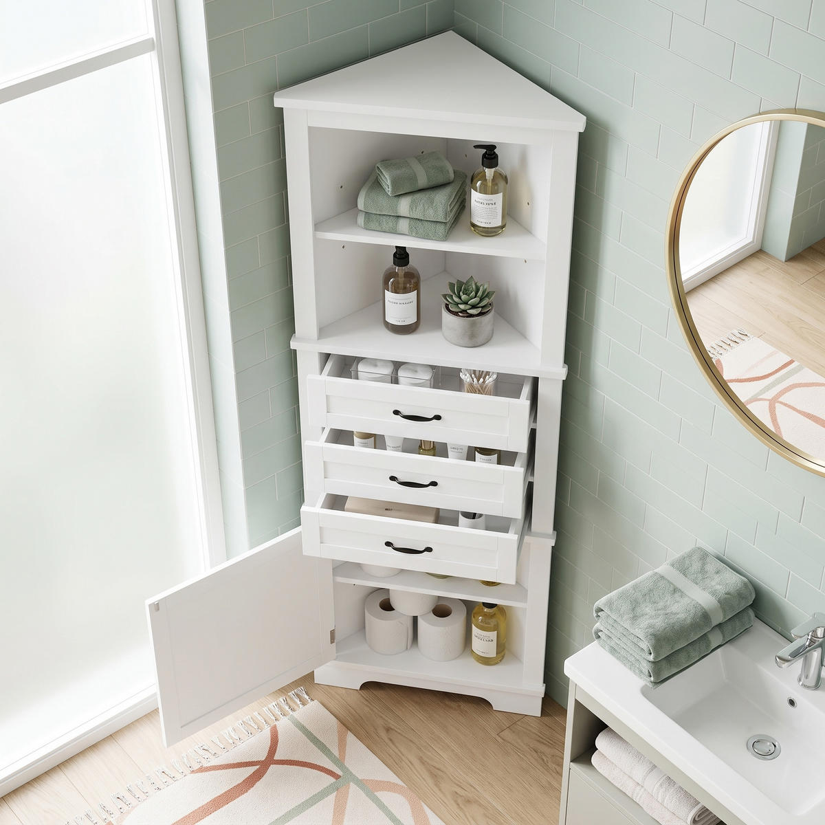 ECKSCHRANK BADEZIMMER Weiß mit 3 Schubladen & offenen Fächern - Weiß, Holzwerkstoff (57.7/167.5/46cm) - Urban Meuble