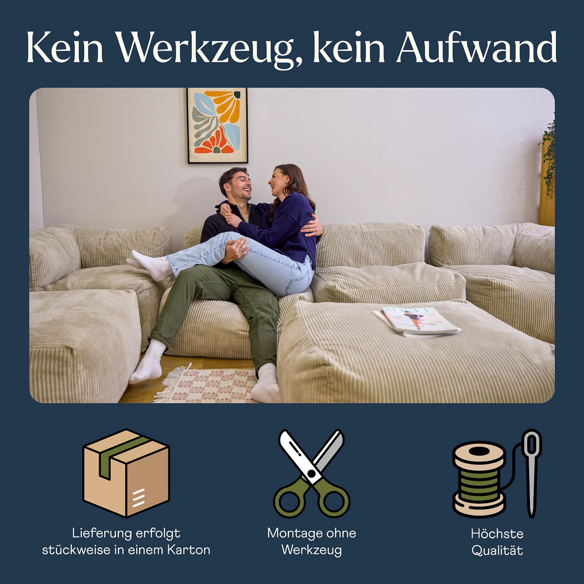 SITZSACK-SOFA 6-tlg. ZEN: 2 Ecksessel, 3 Sessel, Fußstütze - Beige, Textil (500/68/100cm) - icon