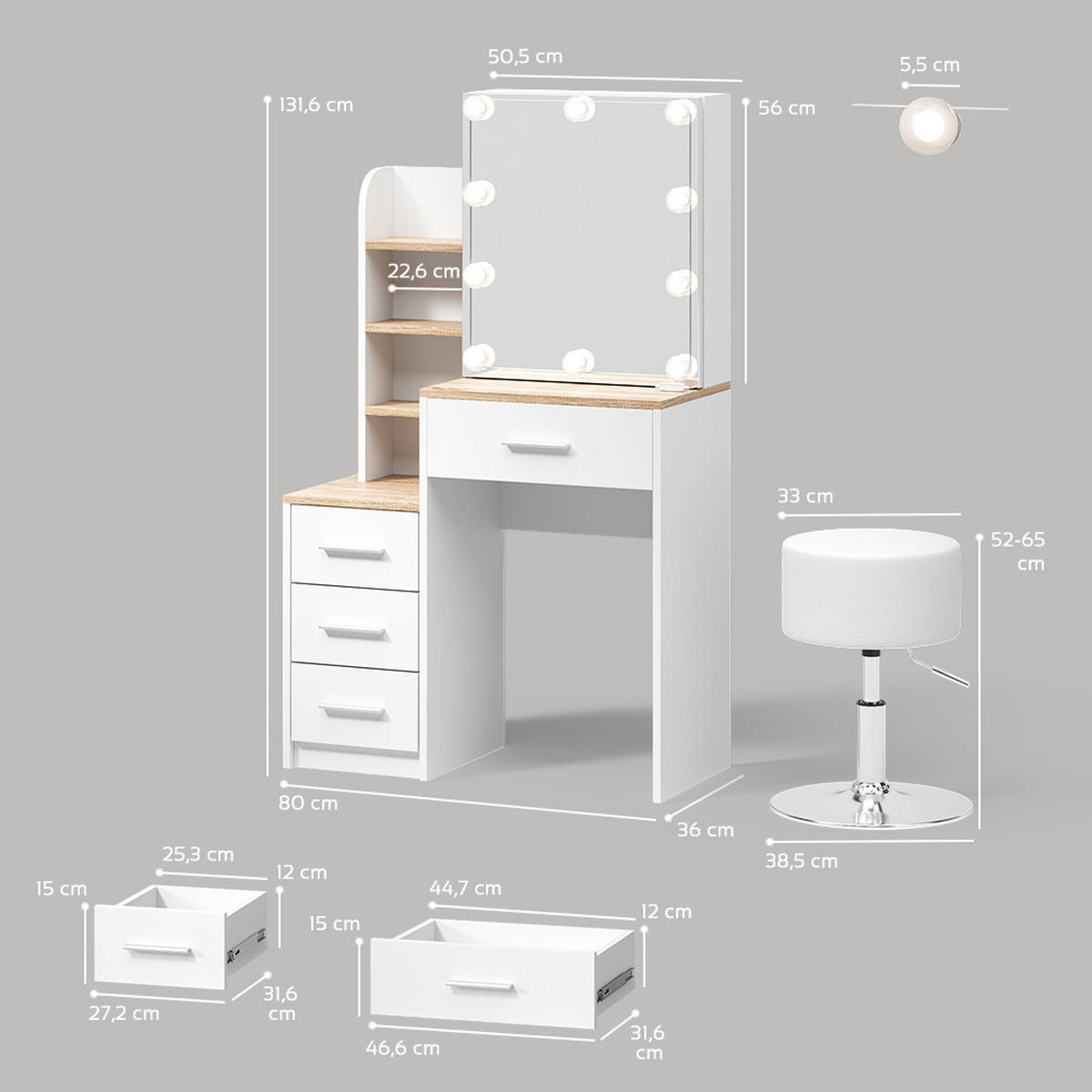 SCHMINKTISCH Loreta Weiß/Sonoma mit LED Beleuchtung und Hocker - Weiß/Sonoma Eiche, Holzwerkstoff (80/131.6/36cm) - Livinity®