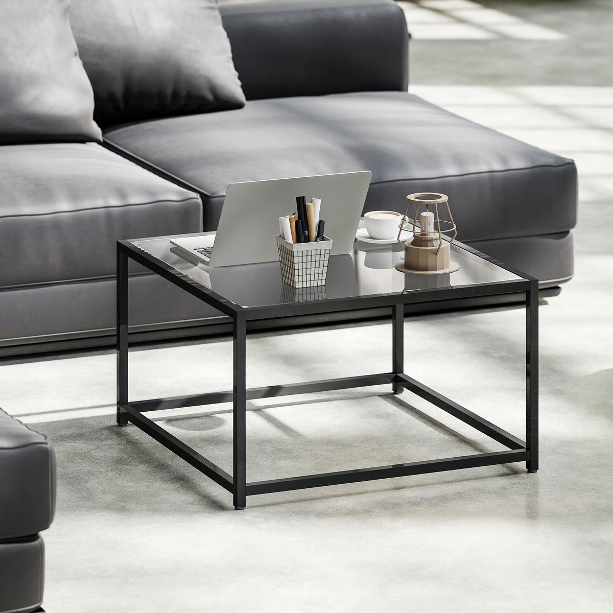 BEISTELLTISCH Quadratisch Nachttisch mit Hartglas-Tischplatte, Couchtisch - Schwarz, Metall (68/68/39cm) - HOMCOM