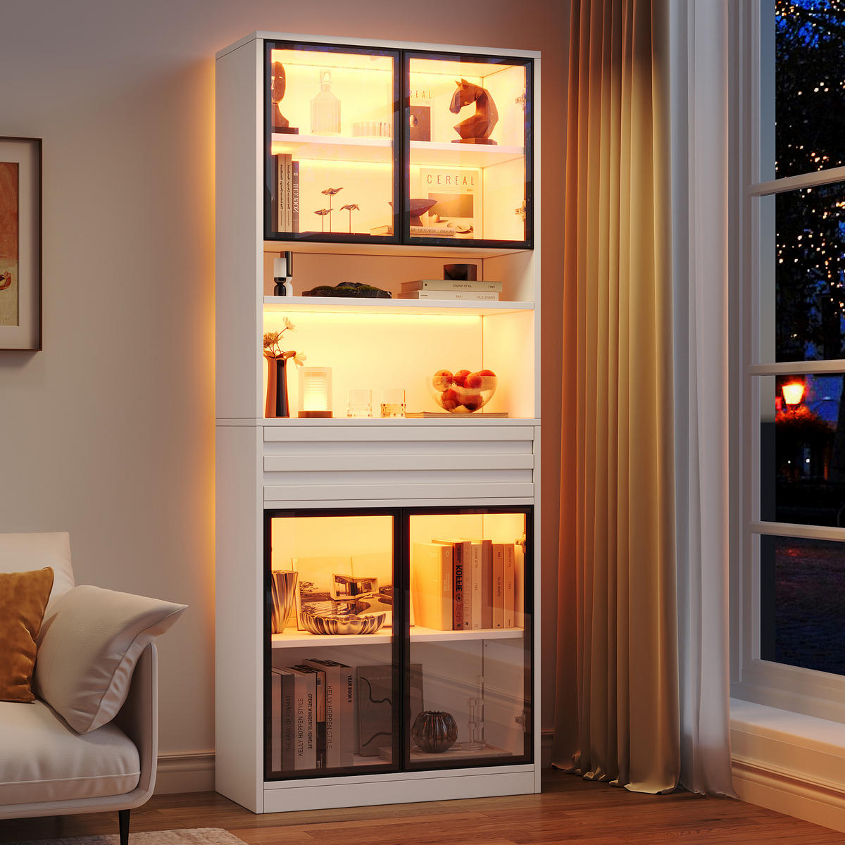 VITRINE 80x35x200 cm Weiß mit RGB LED und 4 Glastüren - Weiß, Holzwerkstoff (80/200/35cm) - FLIEKS