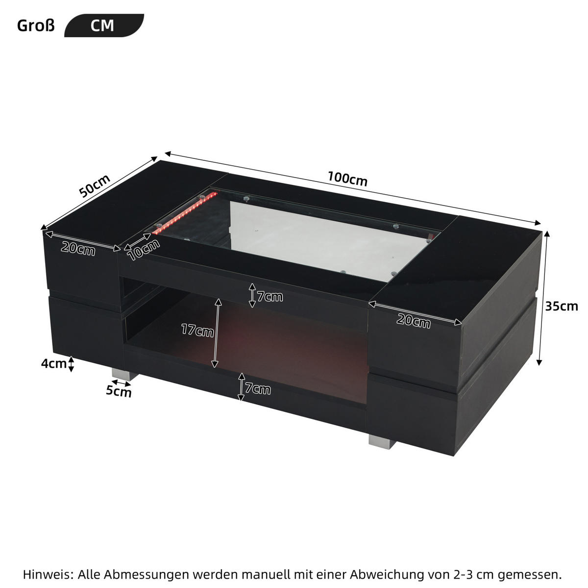 COUCHTISCH, schwarz, hohles Design mit LED-App-Steuerung und hochglänzender Glasplatte, 100/50/35 cm,schwarz - Schwarz, Holzwerkstoff (100/50/35cm) - Redom