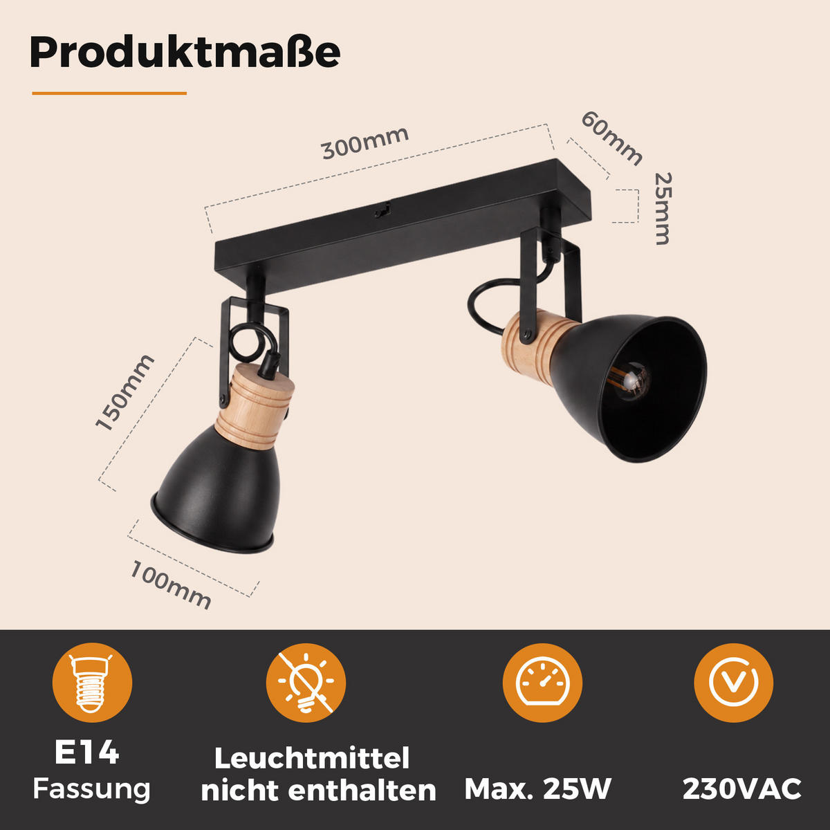 DECKENSTRAHLER Orvix 30/10/15 cm - Schwarz/Braun, Holz/Metall (30/10/15cm) - ZMH