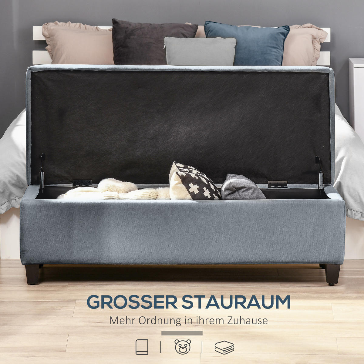 SITZBANK, Polsterbank mit Stauraum, Bettbank mit Deckel, Leinenoptik, Grau - Grau, Kunststoff (49/41.5/125cm) - HOMCOM