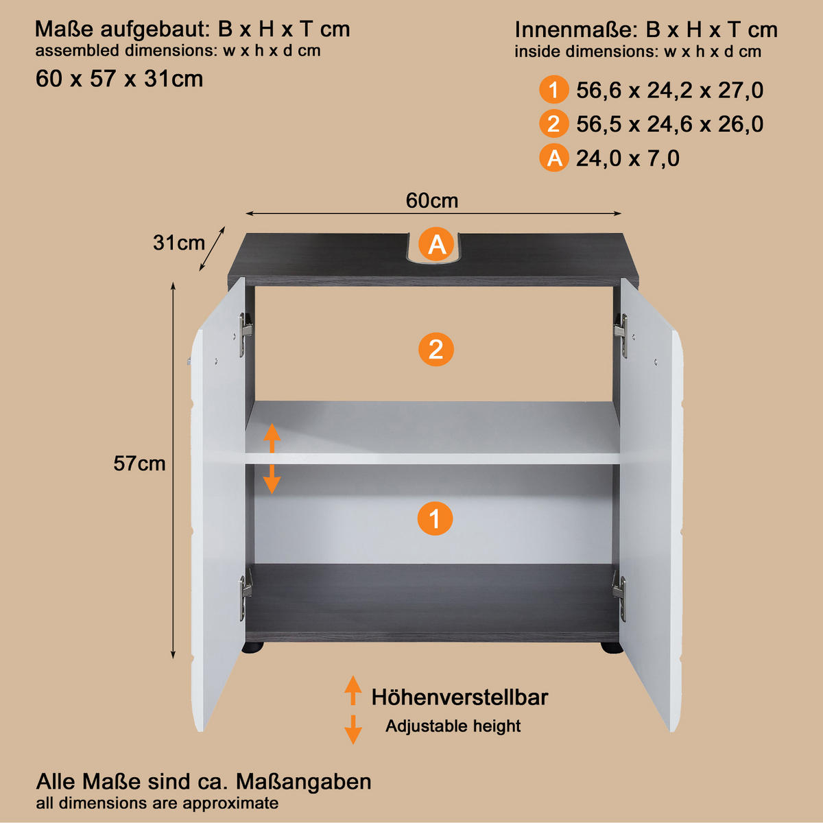 WASCHBECKENUNTERSCHRANK weiß Hochglanz, grau Badschrank 60 x 57 cm - Weiß Hochglanz/Silberfarben, Holzwerkstoff/Kunststoff (60/57/31cm) - Top.Furn
