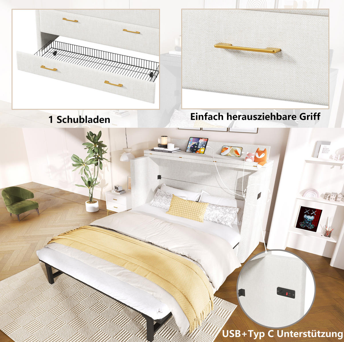 BETT 140/200 cm mit Kopfteil und Schublade – mobiles Schrankbett in Beige - Beige, Textil (140/200cm) - BEAOK
