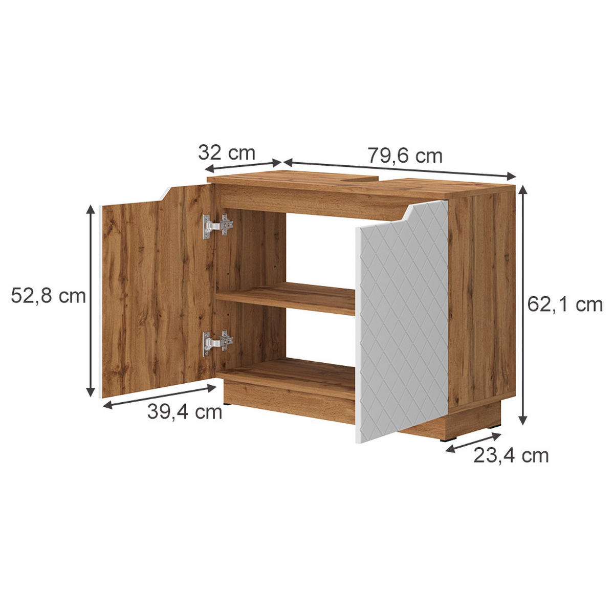WASCHBECKENUNTERSCHRANK Lotta Eiche/Weiß mit Kachelstruktur 79.6 x 62.1 cm mit 2 Türen - Eichefarben/Weiß, Holzwerkstoff (79.6/62.1/32cm) - Vicco