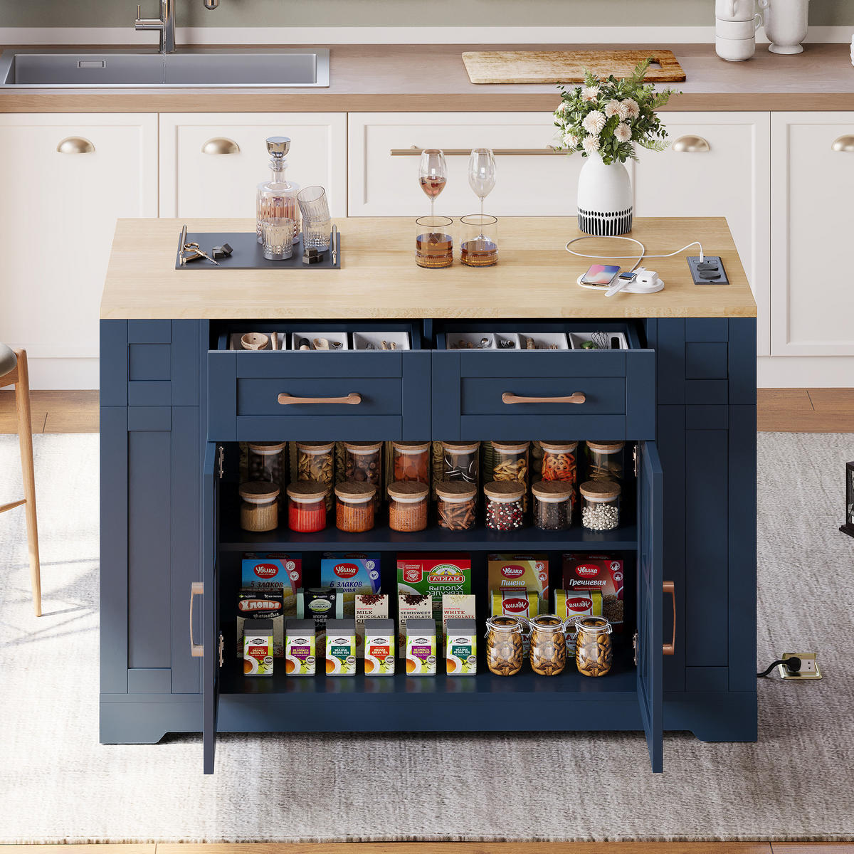 KÜCHENINSEL 120/40(65)/92 cm Blau mit Klappbarem Esstisch, 2 Steckdosen, USB, 2 Schubladen und Offenen Regalen - Blau, Holz/Holzwerkstoff (65/92/120cm) - Oxeza