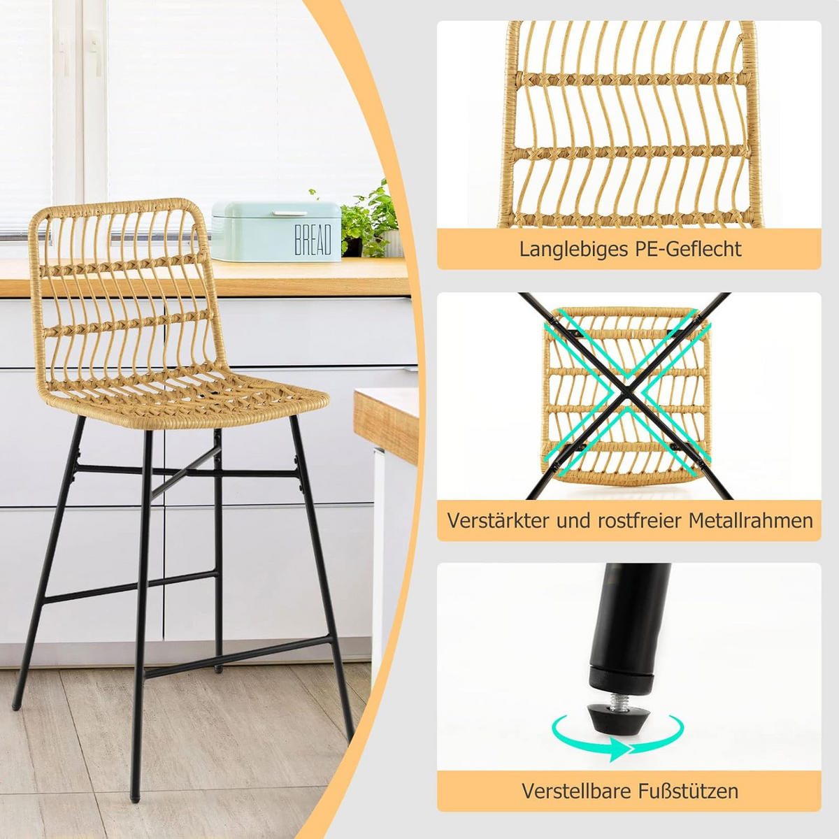 BARHOCKER Rattan Gelb(2er-Set) - Gelb, Naturmaterialien (56/104/49cm) - COSTWAY