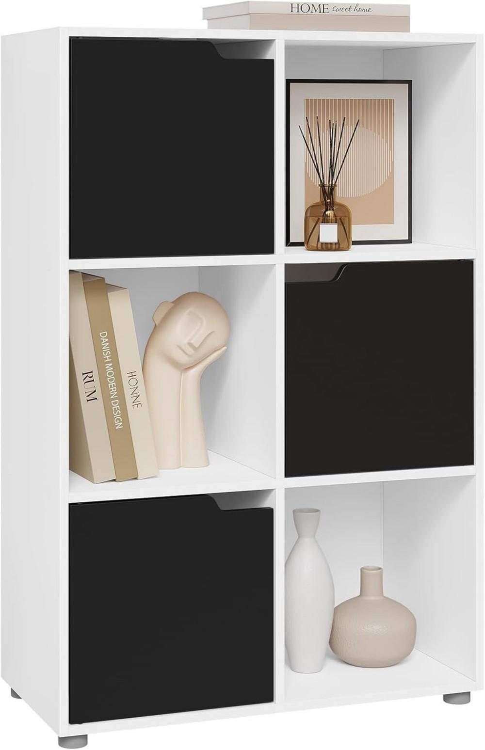 REGALE Bücherregal mit 3 Türen, 6 Fächer, Weiß+Schwarz - Schwarz/Weiß, Holzwerkstoff/Kunststoff (59.6/91/29cm) - Woltu