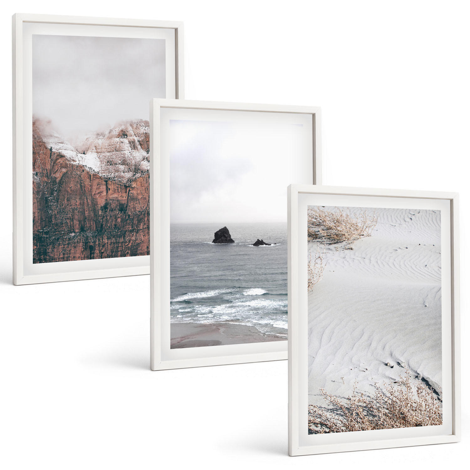 BILDER SET 3er Set - 40x60 cm Weißer Rahmen - Berge, Wolken, Meer, Sand, Natur - Weiß, Kunststoff (40/60cm) - TULUP