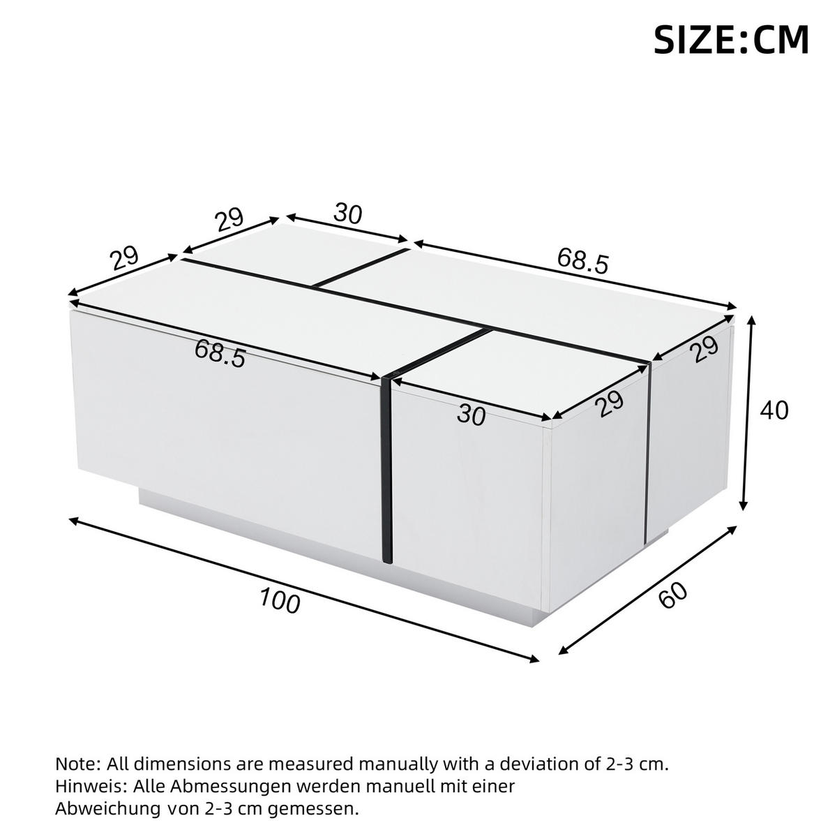 COUCHTISCH aus Spanplatte, Weiß/Schwarz, Hochglanz-Tischplatte, 4 Schubladen, 30 kg Traglast, 100/60/40 cm,Weiß - Weiß, Holzwerkstoff (100/60/40cm) - Redom