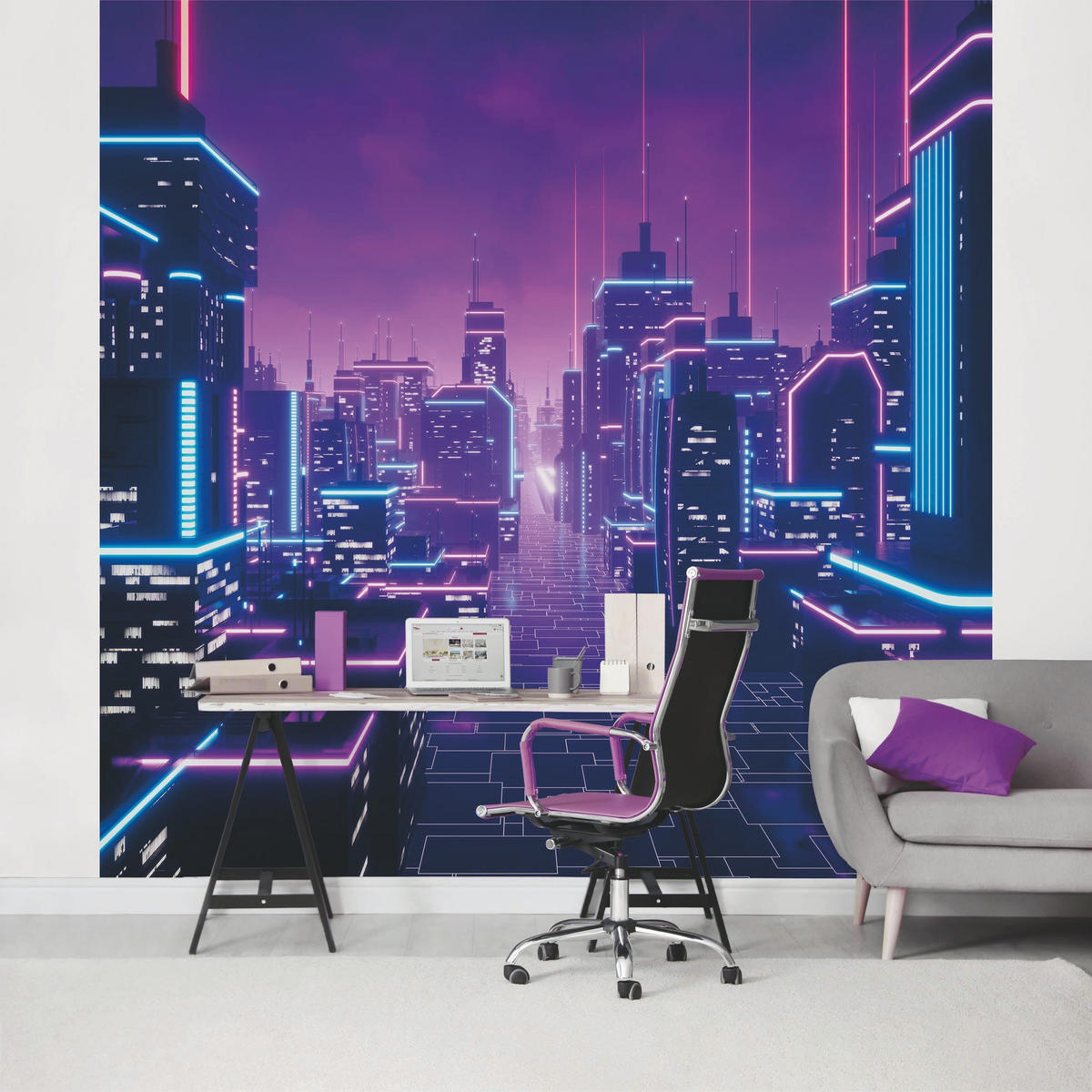 FOTOTAPETE Neon Stadtlichter 192/192 cm - Violett, Papier (192/192cm) - Bilderwelten