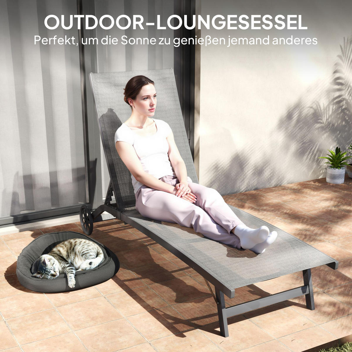SONNENLIEGE, Liegestuhl mit Rollen, Relaxliege mit verstellbarer Rückenlehne Alu - Dunkelgrau, Metall (165/102/66cm) - Outsunny